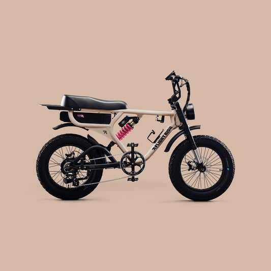 Champagne coloured e-bike with gps and suspension from Flight Risk with the FR555 electric bike