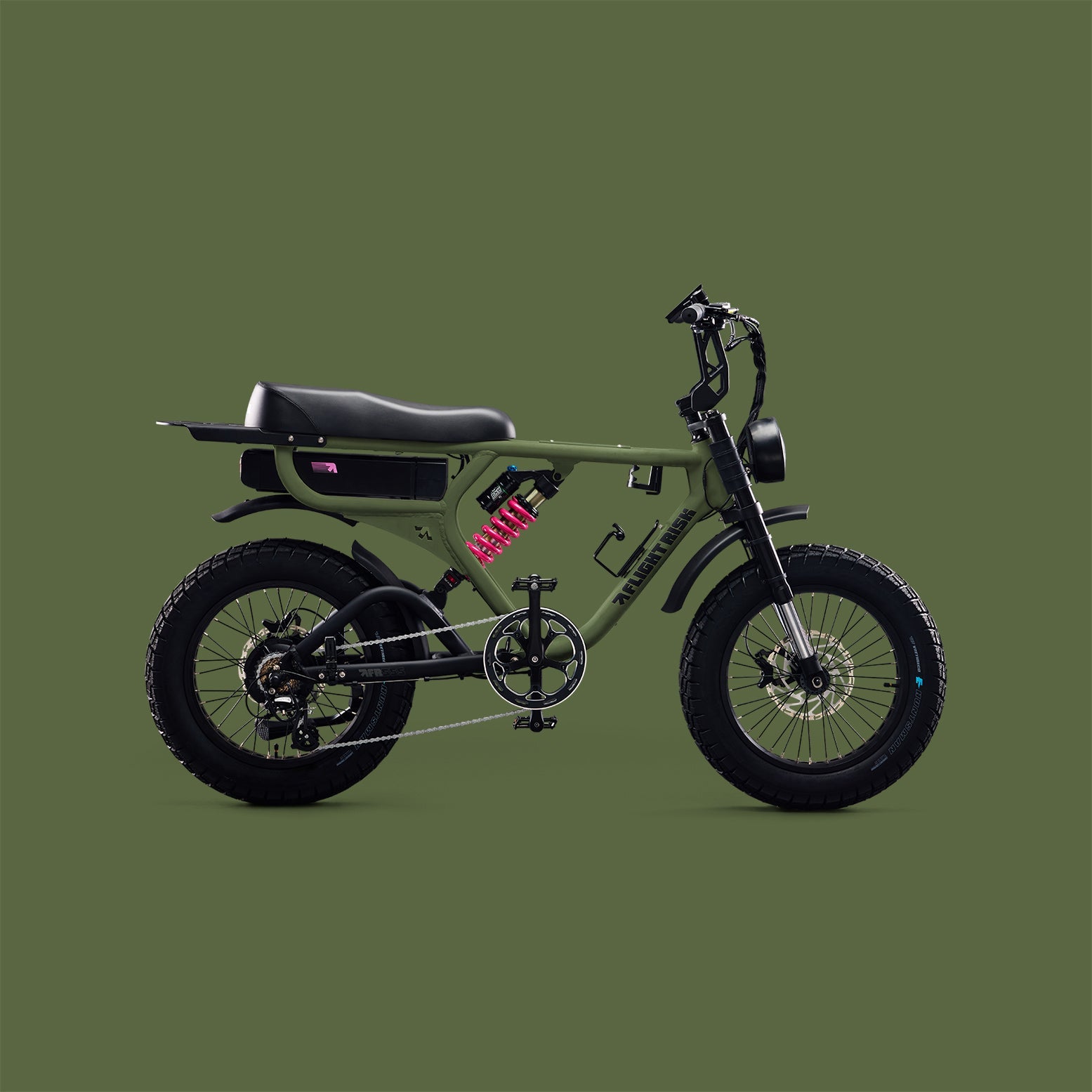 E-bike with GPS tracking, geo fencing, suspension, blinkers, and advanced battery safety. Electric bikes for true adventurers from Flight Risk Australia. The FR555 in Olive