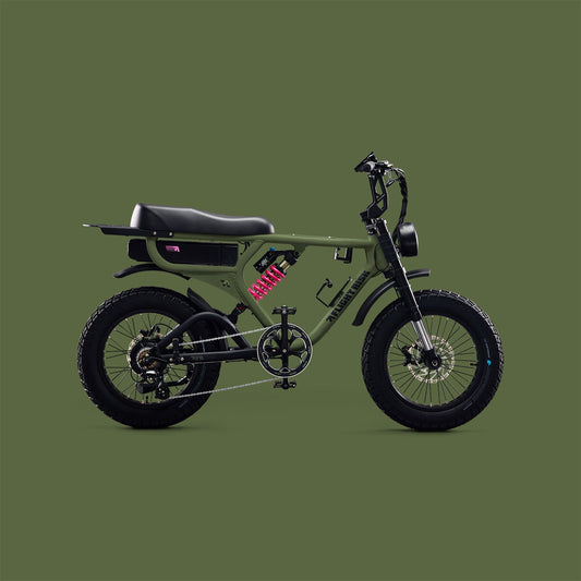 E-bike with GPS tracking, geo fencing, suspension, blinkers, and advanced battery safety. Electric bikes for true adventurers from Flight Risk Australia. The FR555 in Olive