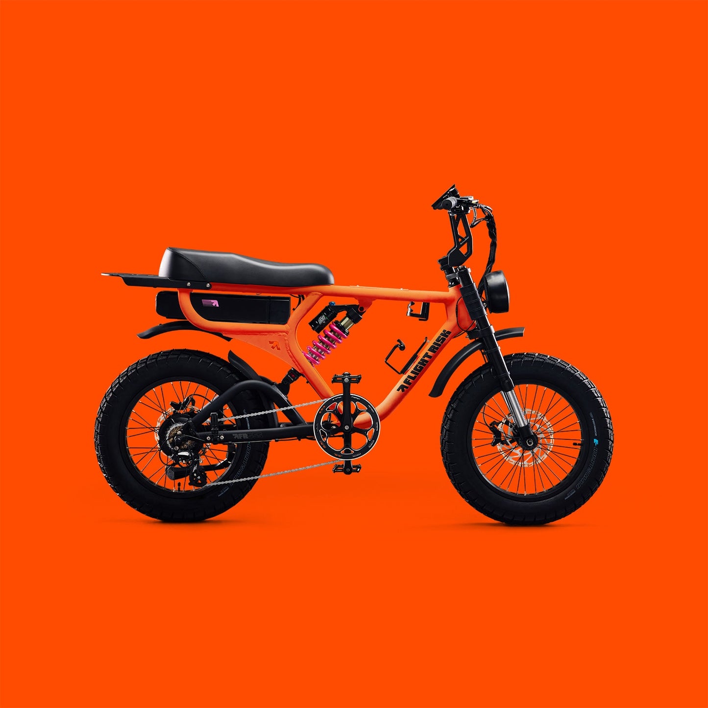 Orange trending e-bike from Flight Risk Australia including GPS, blinkers and safe charger