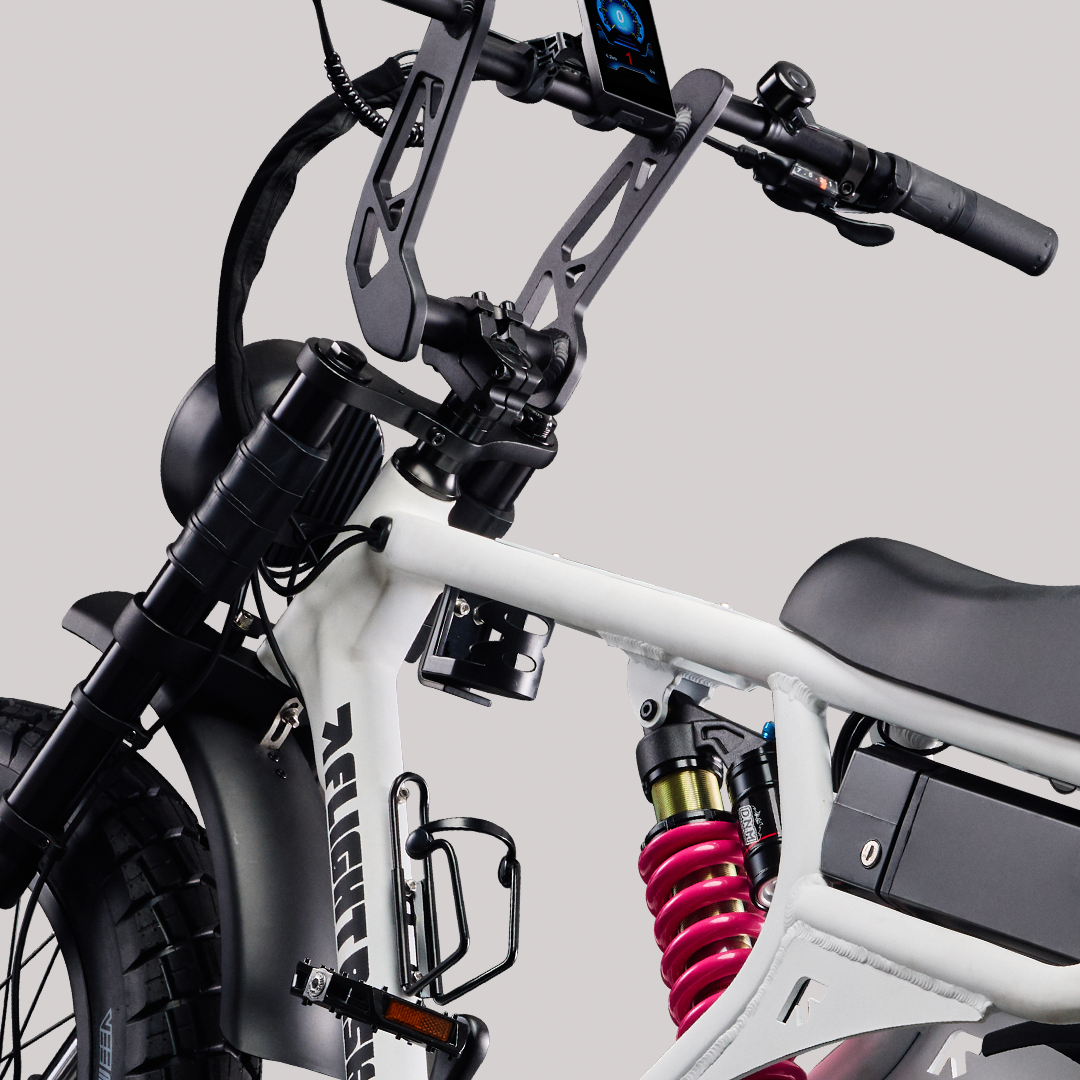 White FR555 electric bike from Flight Risk Australia with blinkers and gps